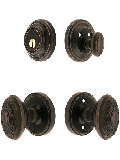 Grandeur Georgetown Entry Door Set, Keyed Alike with Grande Victorian Knobs in Oil-Rubbed Bronze.